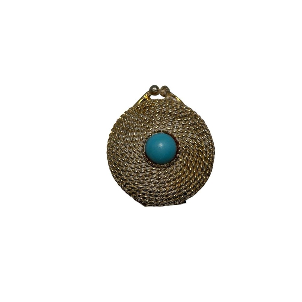 Vintage Estee Lauder Faux Turquoise Bead Gold Tone Rope Round trinket Pill Box